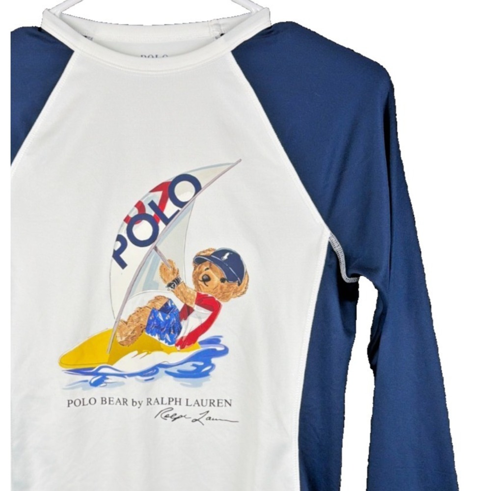 Polo Ralph Lauren Rash Guard Boys L 14-16‎ White Blue Windsurf Polo Bear Swim